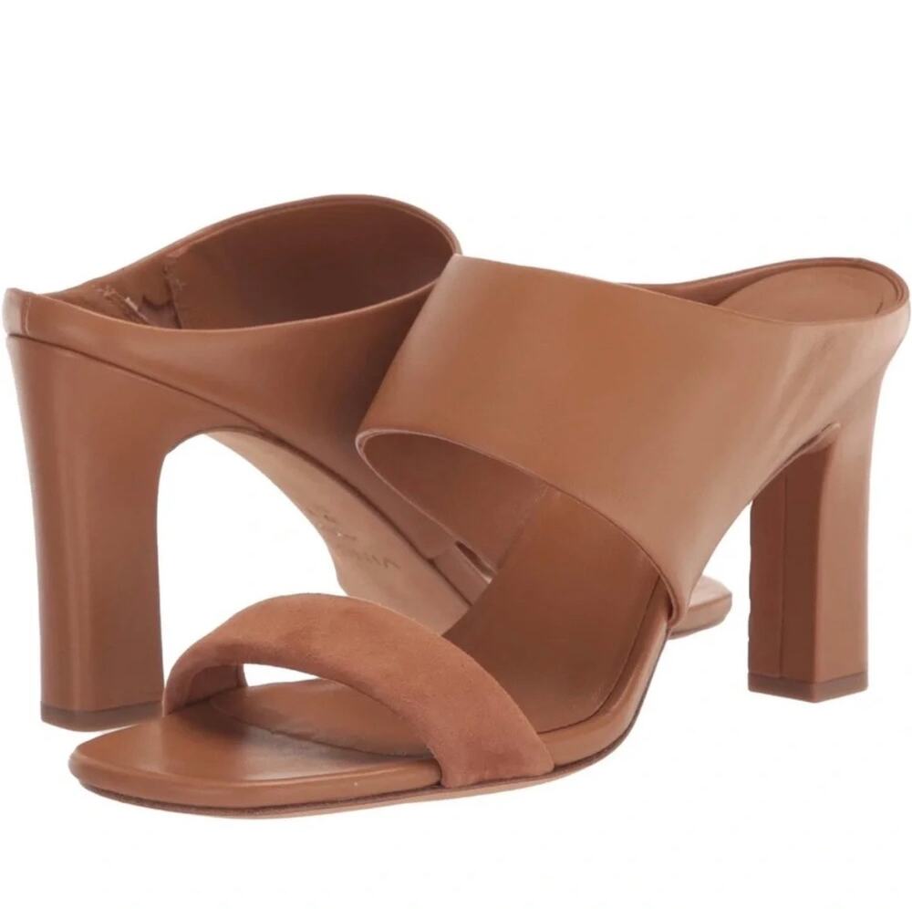Vince Quinn Cappuccino Leather Suede Block Heel Mule Sandals Size 8